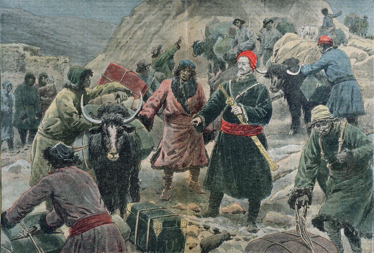 Odkrywca Sven Ander Hedin (1865-1952) w Tybecie, ilustracja z „Le Pelerin”, luty 1909 autorstwa Eugene Damblans