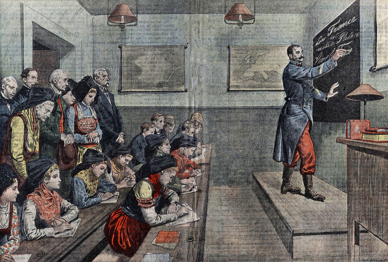 Odzyskana zostaje pierwsza klasa języka francuskiego w Alzacji. Ilustracja Damblans. W „Le Pelerin” z 1914 r. autorstwa Eugene Damblans