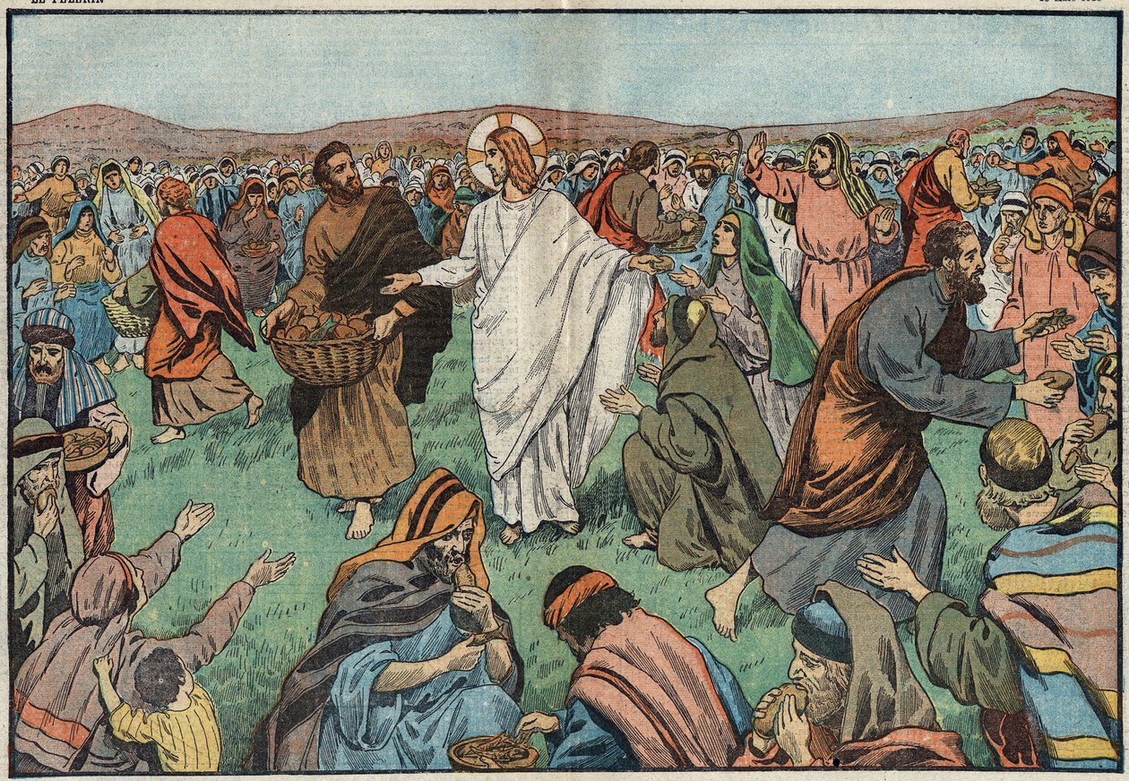 Rozmnożenie bochenków: nad brzegiem Jeziora Tyberiadzkiego Jezus Chrystus (Jezus Chrystus) zaspokoił ludność rozmnażając pięć bochenków jęczmienia i dwie ryby. Ilustracja Damblans. W „”Le Pelerin”” z 18 marca autorstwa Eugene Damblans