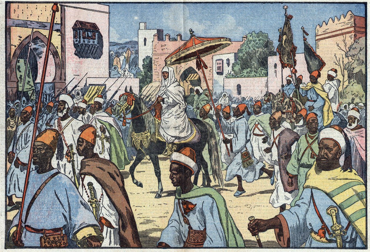 Nowy sułtan Maroka, Moulay Mohammed, wjeżdża do miasta Rabat. Ilustracja Damblans. W „”Le Pelerin”” z 4 grudnia autorstwa Eugene Damblans