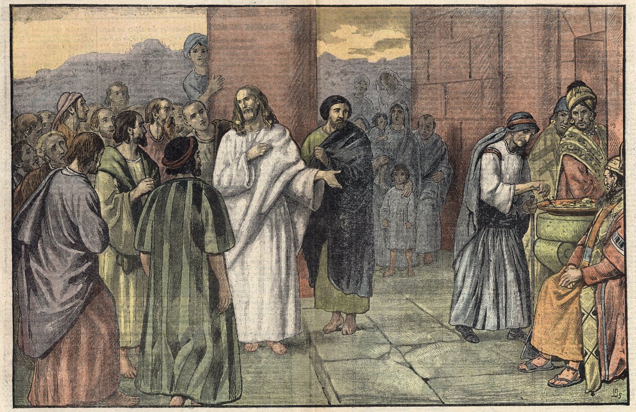 Ofiara wdowy. Ewangelia według św. Marka, rozdz. 12, w. 41-44. Ilustracja Damblans. W „”Le Pelerin”” z 28 czerwca autorstwa Eugene Damblans
