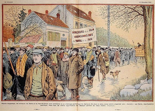 Bezrobotni górnicy z północy Francji i regionu Pas-de-Calais maszerujący do Paryża, ilustracja z „Le Pelerin” autorstwa Eugene Damblans