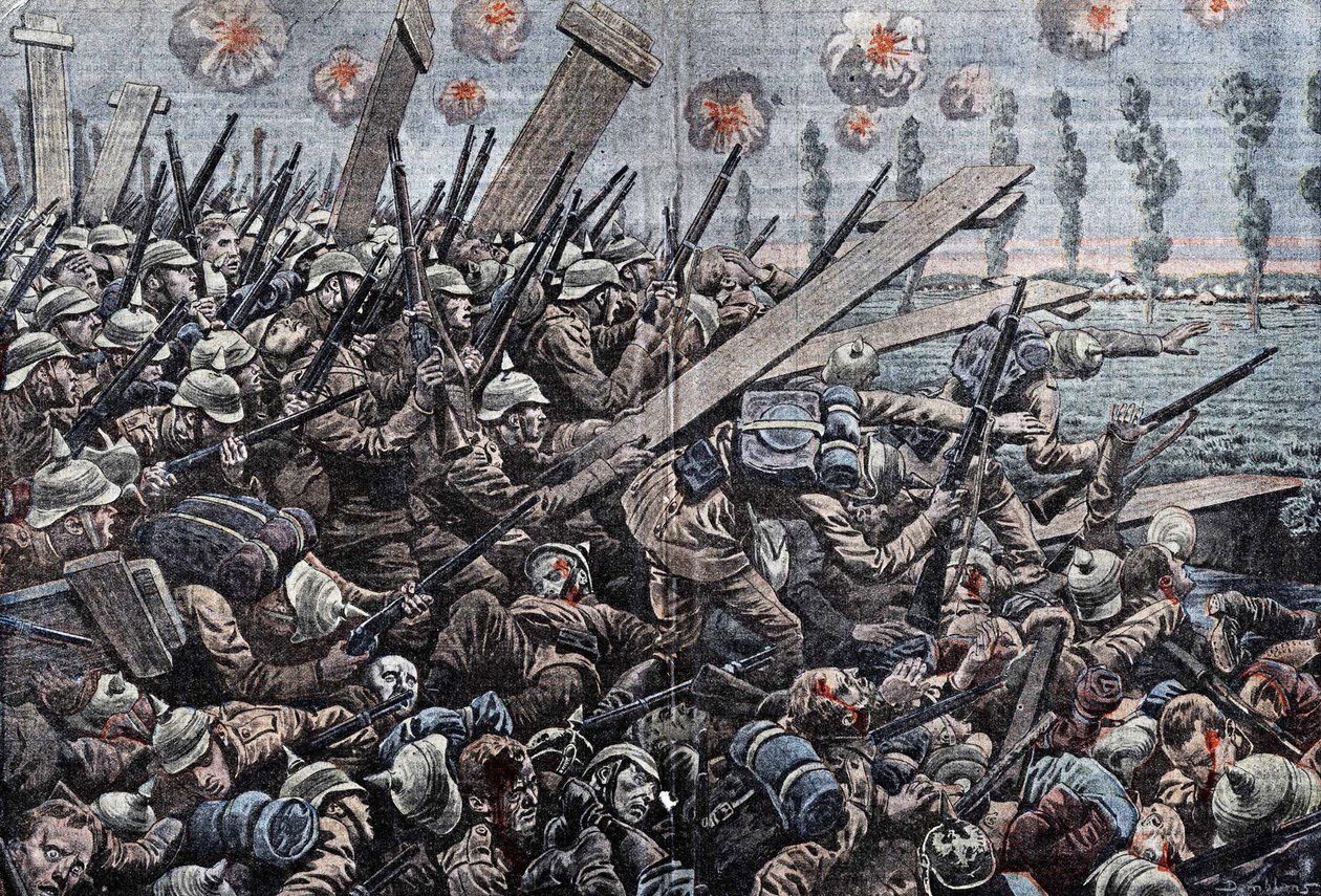 Wojna 1914-1918. Front Belgii 1914. Żołnierze niemieccy na Yser. Rysunek Damblansa. autorstwa Eugene Damblans