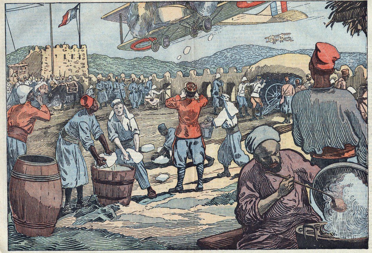 Wojna w Maroku: francuskie samoloty dostarczają lód do oblężenia bunkrów przez marokańskich dysydentów. Ilustracja Damblans. W „”Le Pelerin”” z 24 maja autorstwa Eugene Damblans