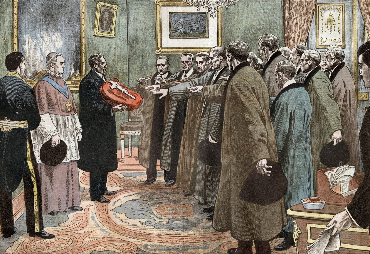 delegaci Republiki Andory z biskupem Urgel składającym przysięgę posłuszeństwa Francji, ilustracja Damblansa z gazety „Le Pelerin” 3 maja autorstwa Eugene Damblans