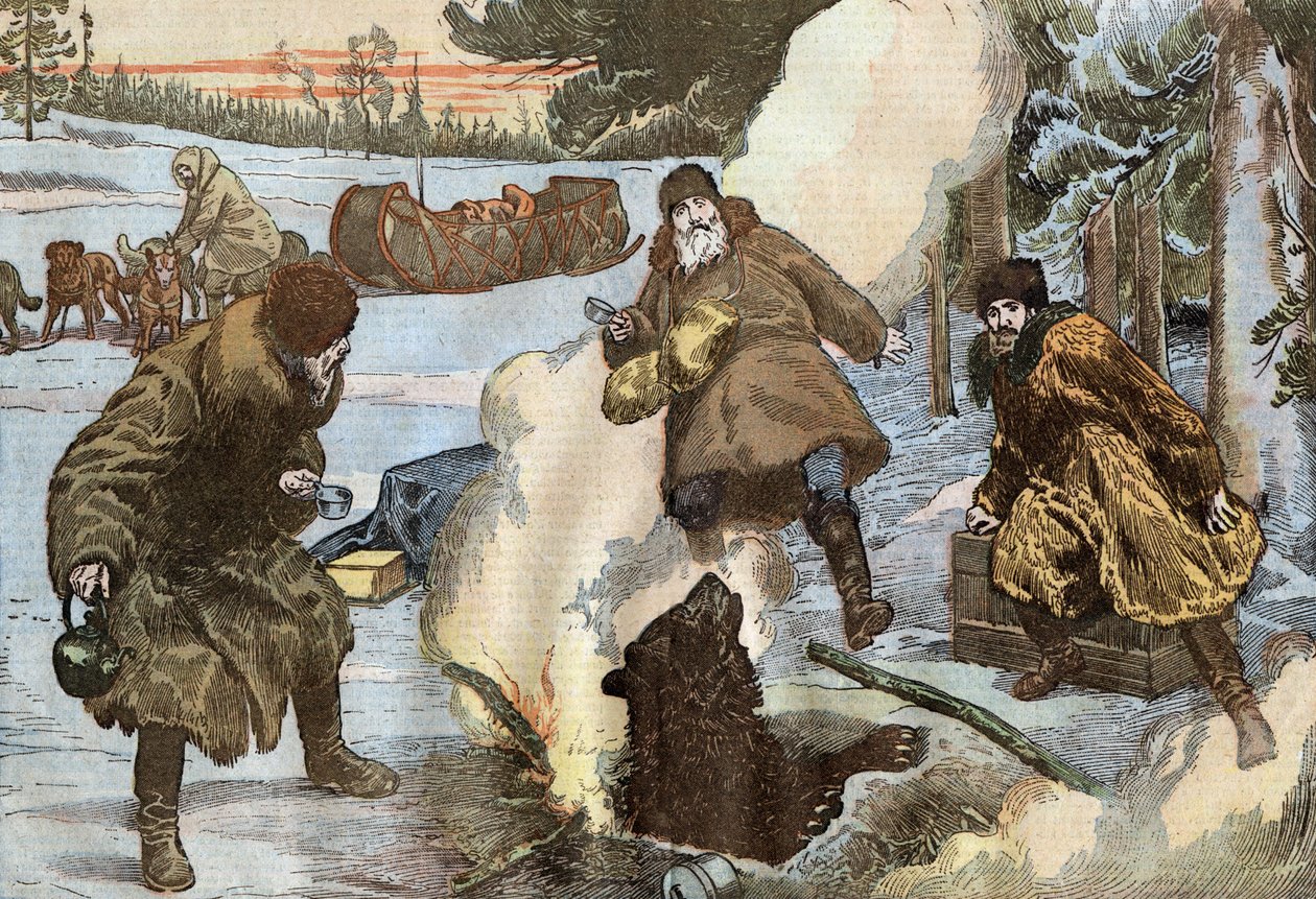 misjonarze przygotowujący herbatę, podczas gdy niedźwiedź wyłonił się nagle z lodu, ilustracja Damblansa z francuskiej gazety „Le Pelerin” 23 sierpnia autorstwa Eugene Damblans