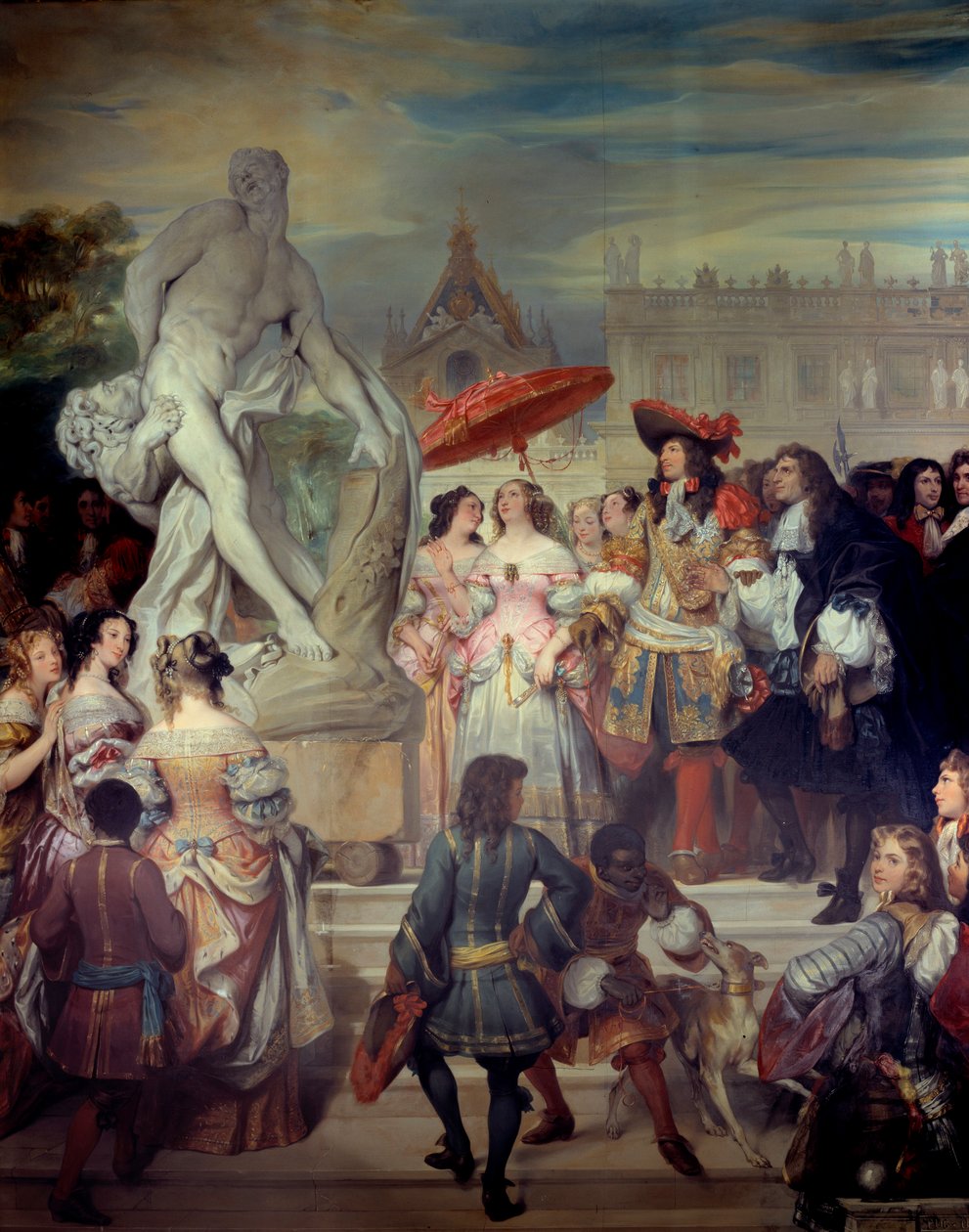 Pierre Puget (1620-1694) przedstawia swój posąg Milona z Crotone Ludwikowi XIV (1638-1715) w ogrodach zamku w Wersalu. Obraz Eugene Deveria (1808-1865) autorstwa Eugene Deveria
