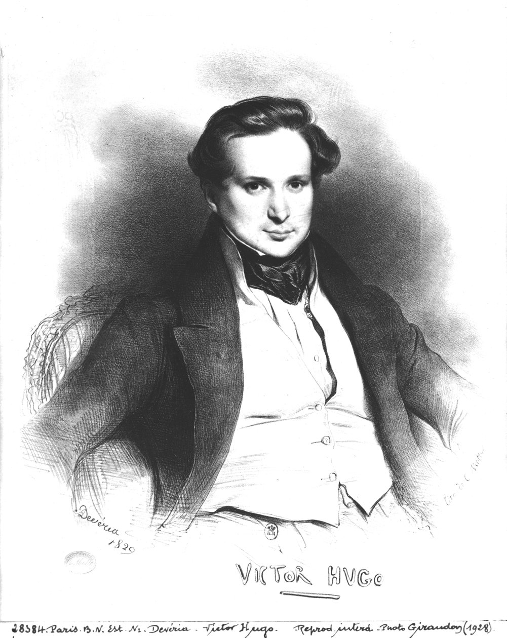 Portret Victora Hugo (1802-66), rytowany przez Charlesa Etienne Pierre Motte (1785-1836) 1829 (lito) (fot. bw) autorstwa Eugene Deveria