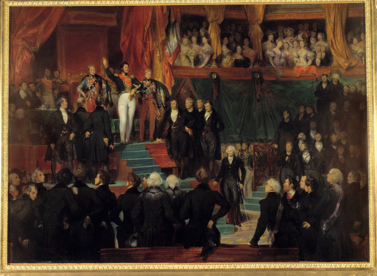 Rewolucja 1830 r.: „” Król Ludwik Filip I (1773-1850) przysiągł zachować Kartę z 1830 r. w obecności izb ponownie połączonych w prowizorycznej sali Palais Bourbon 9 sierpnia autorstwa Eugene Deveria