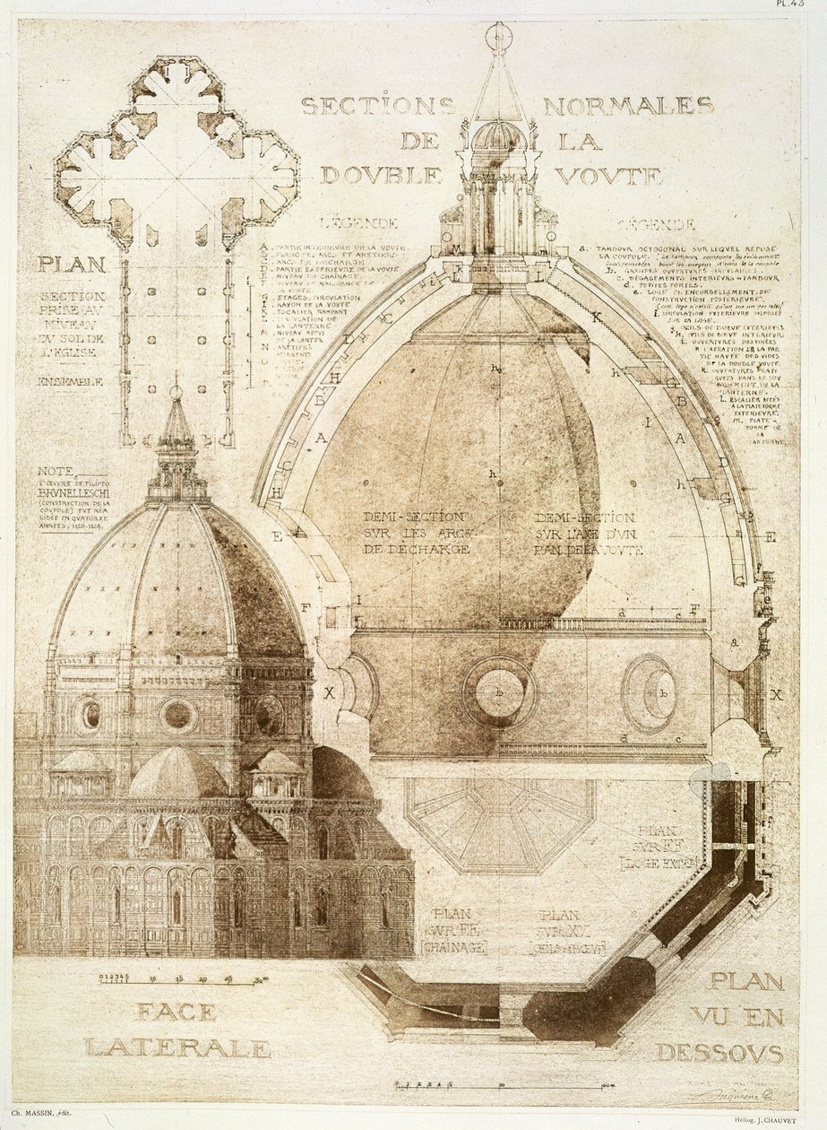 Plan, przekrój i elewacja katedry we Florencji, z „Fragments d