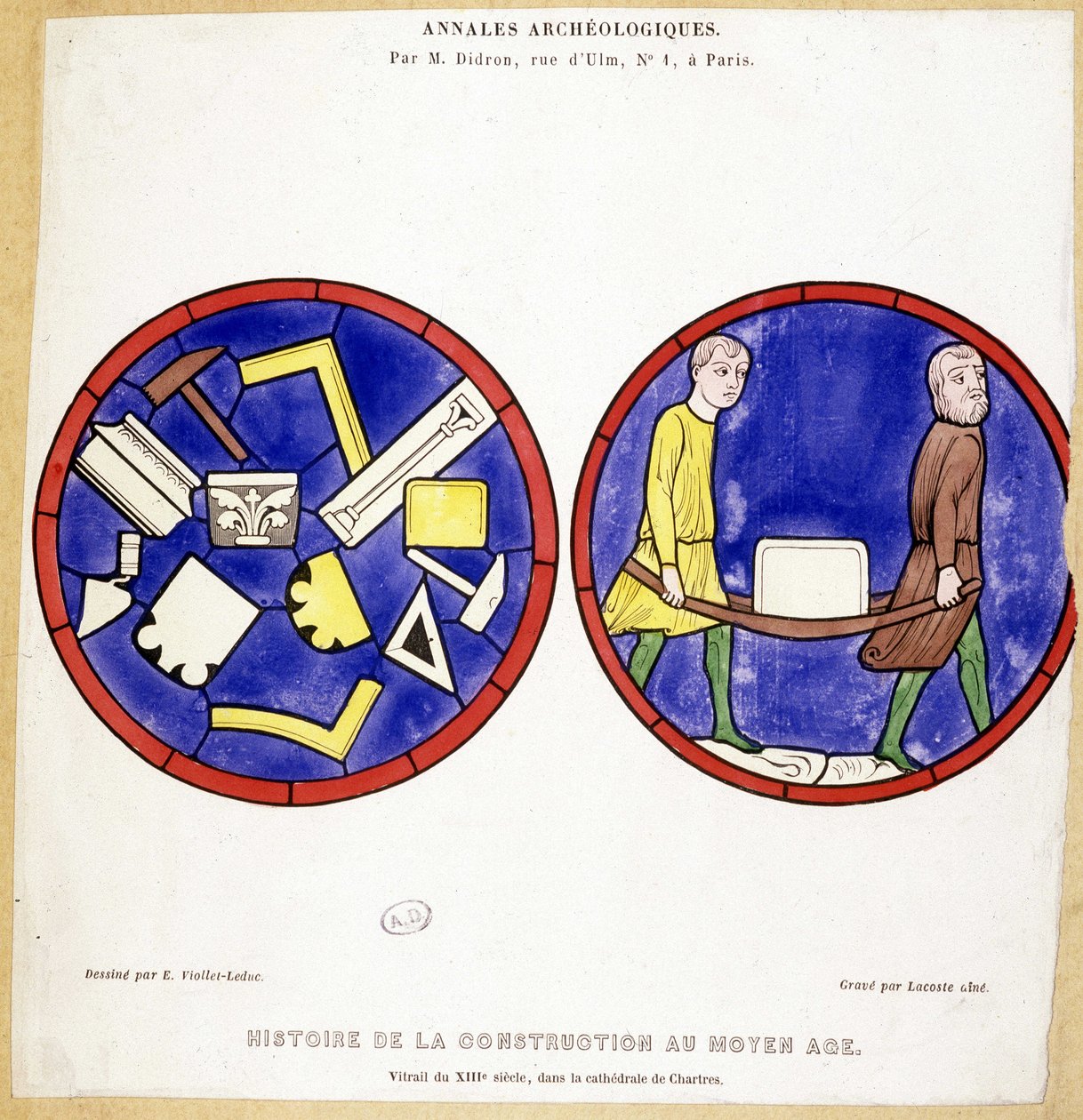 Historia budownictwa w średniowieczu: Porównanie XIII-wiecznych witraży w Cathedrale de Chartres - rys. Eugene Viollet-le-Duc (Viollet le Duc) (1814-1879) z kilkoma symbolami makonicznymi. autorstwa Eugene Emmanuel (after) Viollet le Duc
