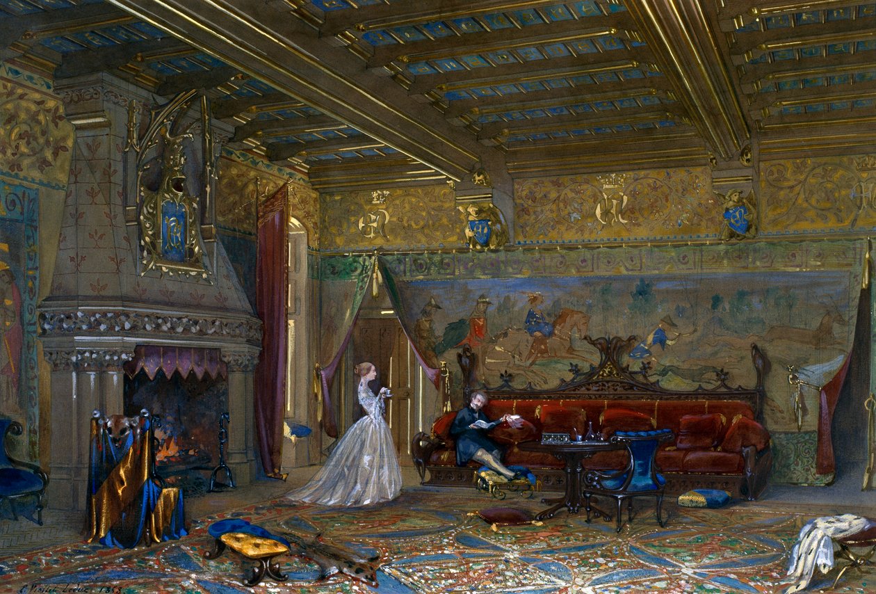 Projekt sali w stylu gotyckim dla zamku de Pierrefonds z cesarzem i cesarzową autorstwa Eugene Emmanuel Viollet le Duc