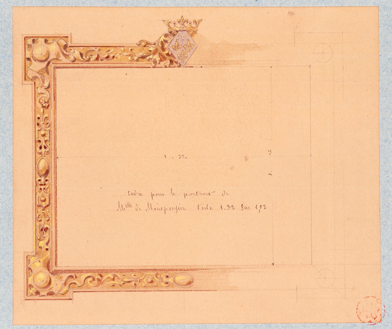 Projekt gzymsu do portretu Mademoiselle de Montpensier, Eugene Emmanuel Viollet-Le-Duc (1814-1879), rysunek akwarelowy autorstwa Eugene Emmanuel Viollet le Duc
