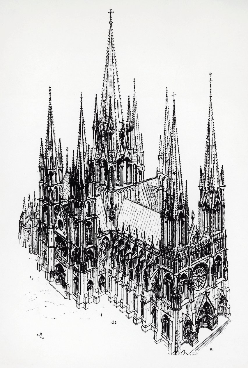 Widok izometryczny idealnej katedry, rysunek Eugene Emmanuel Viollet-le-Duc (1814-1879) ze Słownika architektury francuskiej od XI do XVI wieku autorstwa Eugene Emmanuel Viollet le Duc