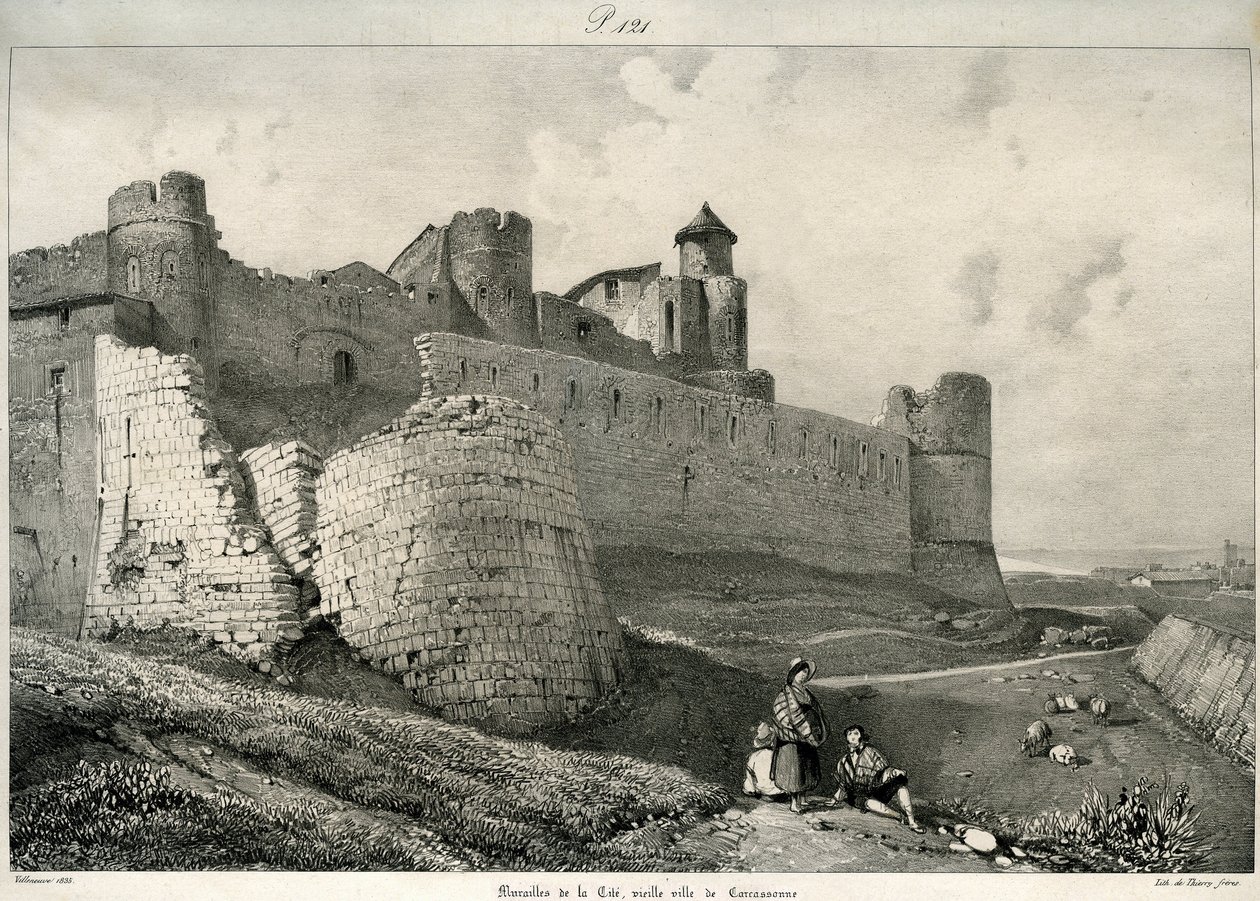 Carcassonne, mury miejskie, mocno zniszczone autorstwa Eugene Emmanuel Viollet le Duc