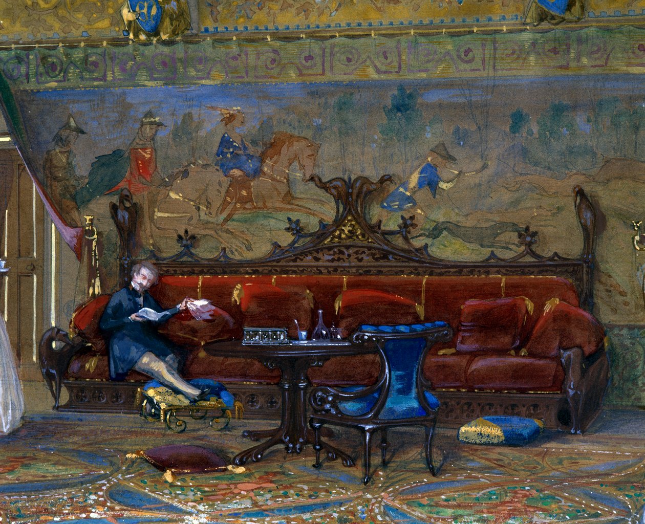 Projekt sali w stylu gotyckim dla zamku de Pierrefonds z cesarzem i cesarzową autorstwa Eugene Emmanuel Viollet le Duc