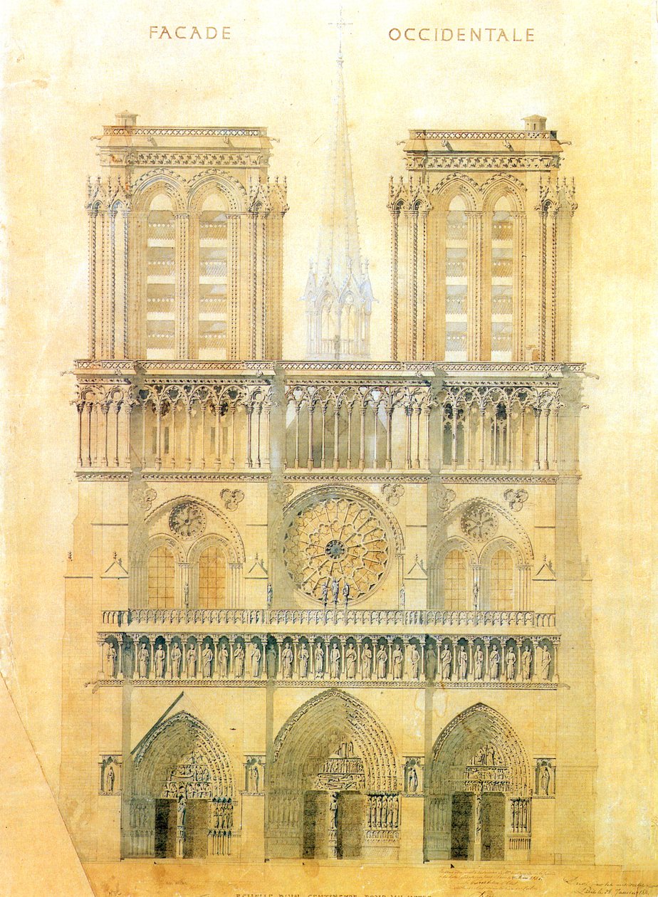 Projekt restauracji zachodniej fasady katedry Notre Dame w Paryżu z rekonstrukcją iglicy na skrzyżowaniu, 1843 autorstwa Eugene Emmanuel Viollet le Duc