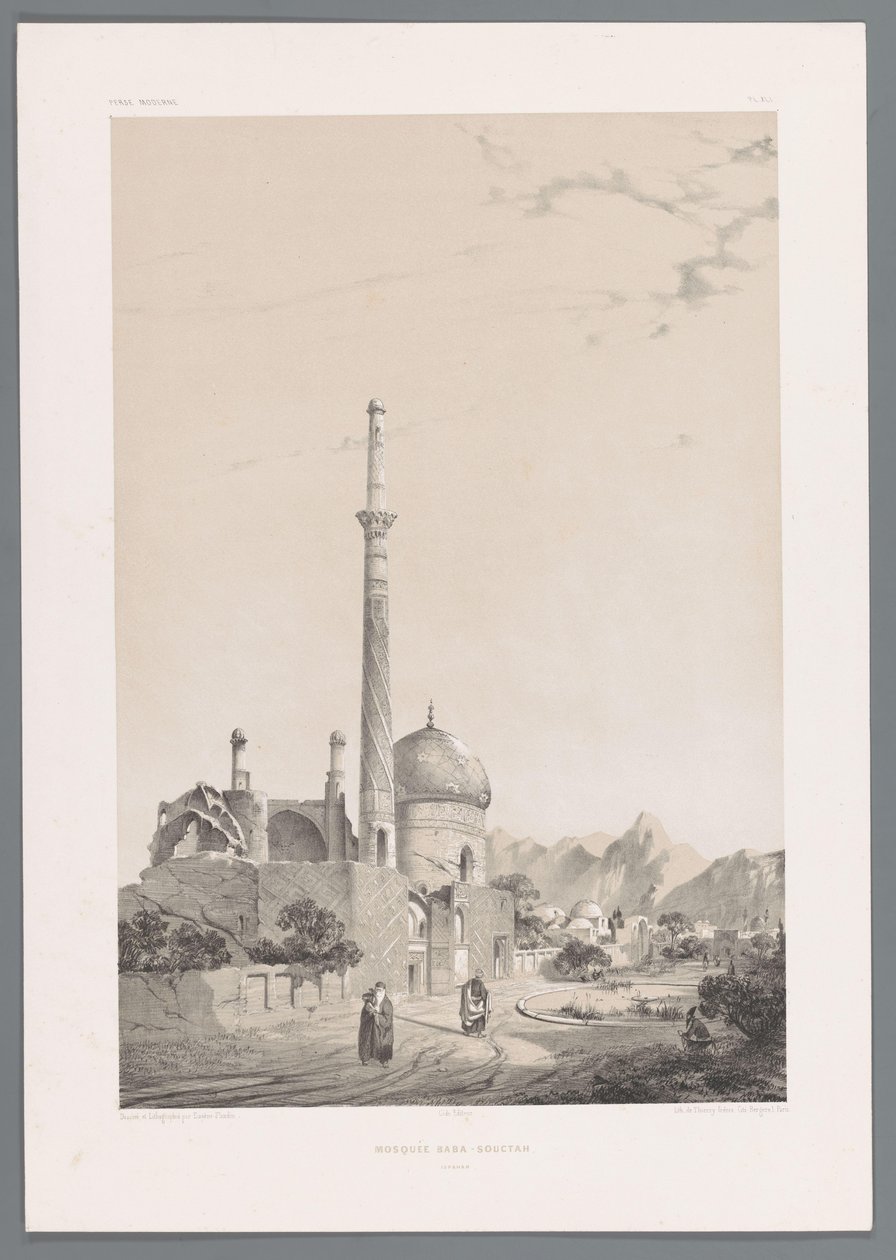 Meczet Baba Sukhte z minaretem Bagh-e-Ghoushkhane w Isfahanie Meczet Baba-Souctah Ispahan (tytuł na obiekcie) Perskie pejzaże (tytuł serii) Perse modern (tytuł serii) autorstwa Eugene Flandin
