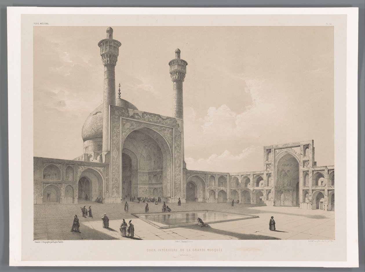 Dziedziniec meczetu Jameh w Isfahan Cour intérieure de la grande mosquee (Ispahan) (tytuł przedmiotu) Perskie pejzaże (tytuł serii) Perse modern (tytuł serii) autorstwa Eugene Flandin