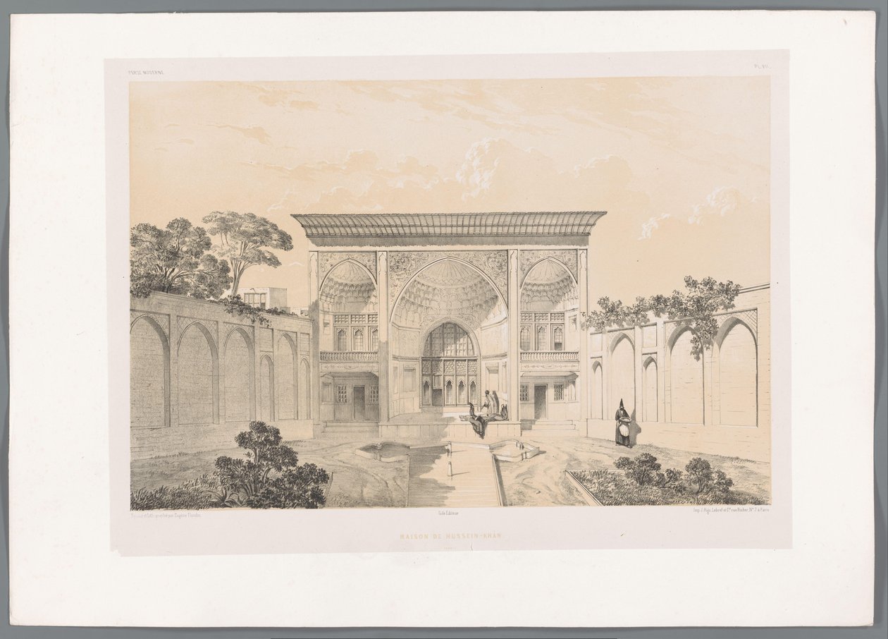Dziedziniec domu Husseina Khana w Tabriz Maison de Hussein-Khan Tabriz (tytuł na obiekcie) Perskie pejzaże (tytuł serii) Perse modern (tytuł serii) autorstwa Eugene Flandin