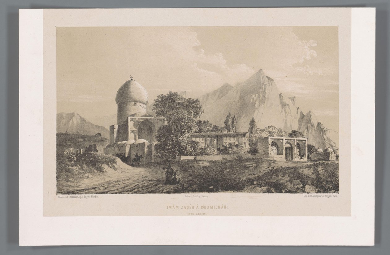Widok Imamzadeh Komijan w Iraku-i Ajam Imâm Zadeh à Koumichâh (Irak Adjemi) (tytuł obiektu) Perskie pejzaże (tytuł serii) Perse modern (tytuł serii) autorstwa Eugene Flandin