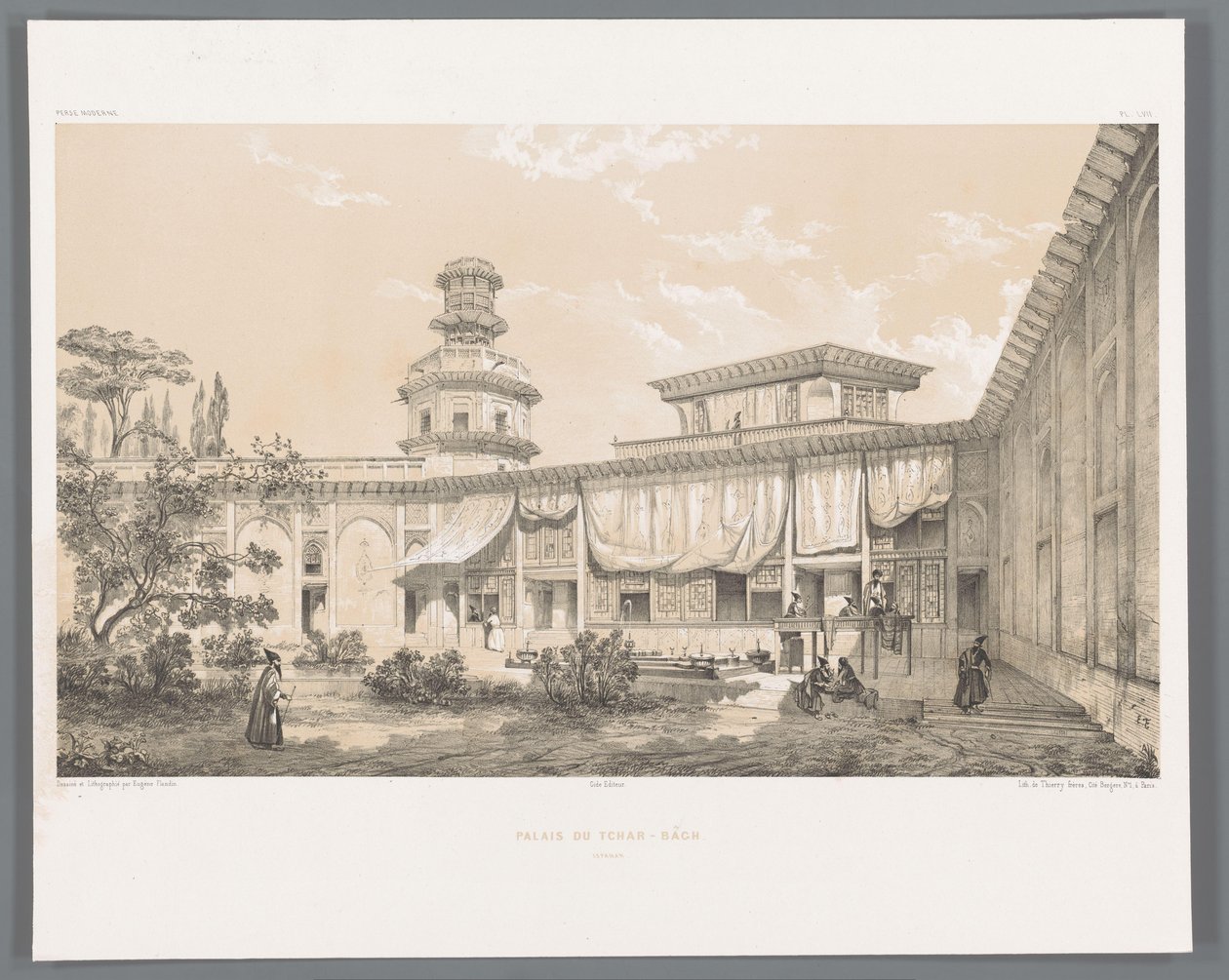 Pałac Char Bagh w Isfahanie Palais du Tchar-Bach Ispahan (tytuł na obiekcie) Perskie pejzaże (tytuł serii) Perse modern (tytuł serii) autorstwa Eugene Flandin