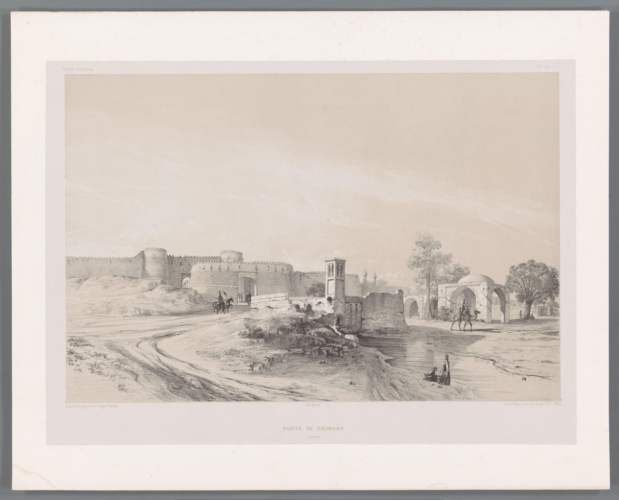 Brama Shemran w Teheranie Porte de Chimran Teheran (tytuł na obiekcie) Perskie pejzaże (tytuł serii) Perse modern (tytuł serii) autorstwa Eugene Flandin