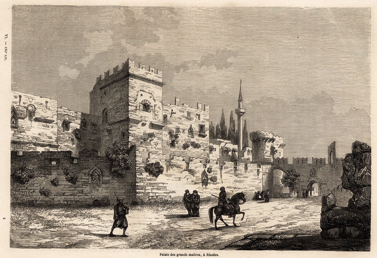 Pałac wielkich mistrzów na Rodos, rysunek Eugeniusza Flandina, ilustrujący jego podróż na wyspę Rodos w 1844 roku. Grawer w „”Le tour du monde””, pod redakcją Edouarda Chartona autorstwa Eugene Flandin