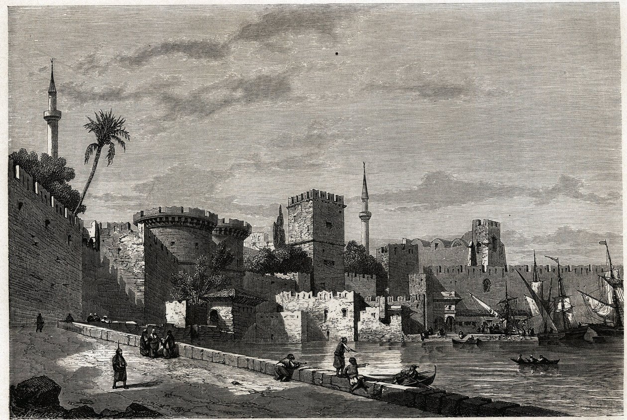 Widok portu Rodos i bramy Aubusson, rysunek Eugene