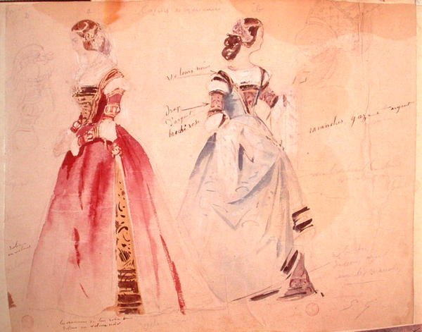 Dwa projekty kostiumów kobiecych w czasie tworzenia „Les Caprices de Marianne” Alfreda de Musset (1810-1857) (akwarela na papierze) autorstwa Eugene Giraud