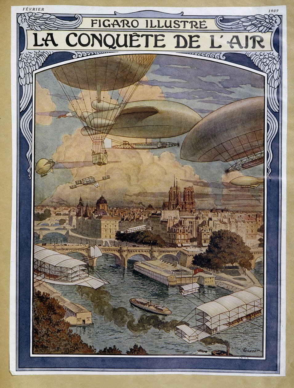 Air conquet: sterowiec, balon i balon na ogrzane powietrze nad Paryżem - okładka w „Figaro Illustré” z lutego 1909 autorstwa Eugene Grasset