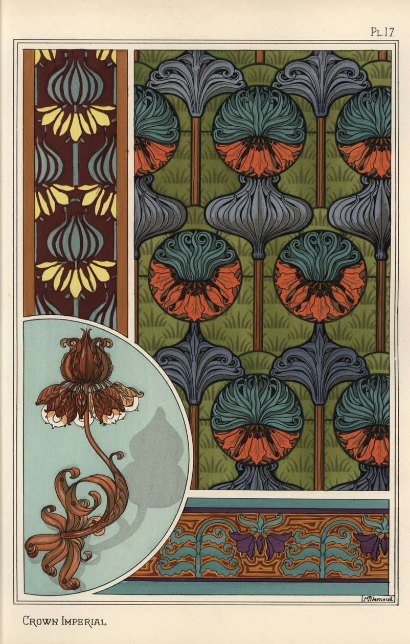 Kwiat korony cesarskiej, Fritillaria imperialis, we wzorach tapet i tkanin oraz jako wzór na lampę z kutego żelaza autorstwa Eugene Grasset