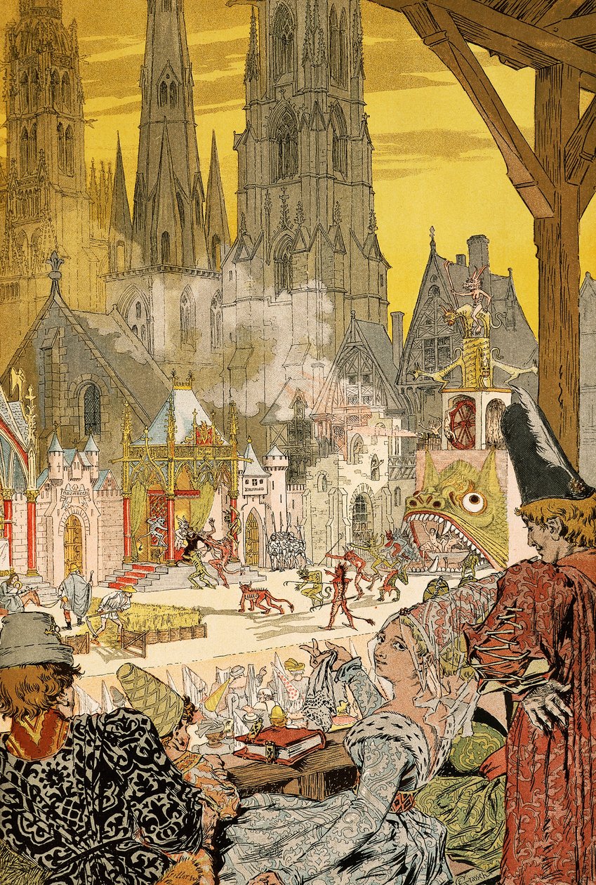 Przedstawienie tajemnicy na dziedzińcu katedry, ilustracja do Notre-Dame de Paris autorstwa Victora Hugo (1802-1885) autorstwa Eugene Grasset