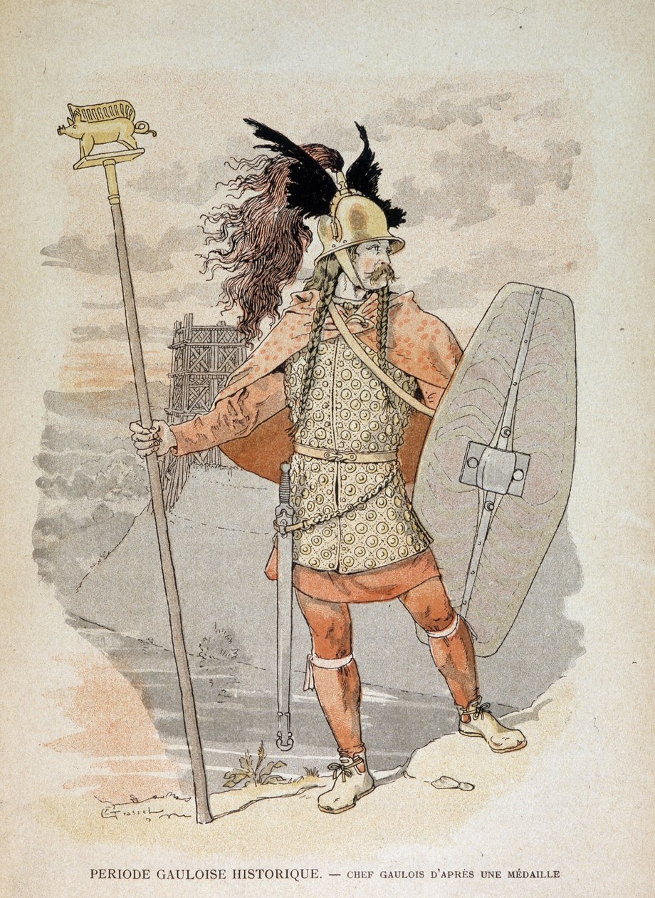 Przywódca galijski (po medalu): trzymający „Sztandar””” wystrój od dzika uczy – w „Ilustracyjnych Zbiorach Nauczania, Strojach Wojennych epoki brązu i epoki galijskiej””, red. Grasset autorstwa Eugene Grasset