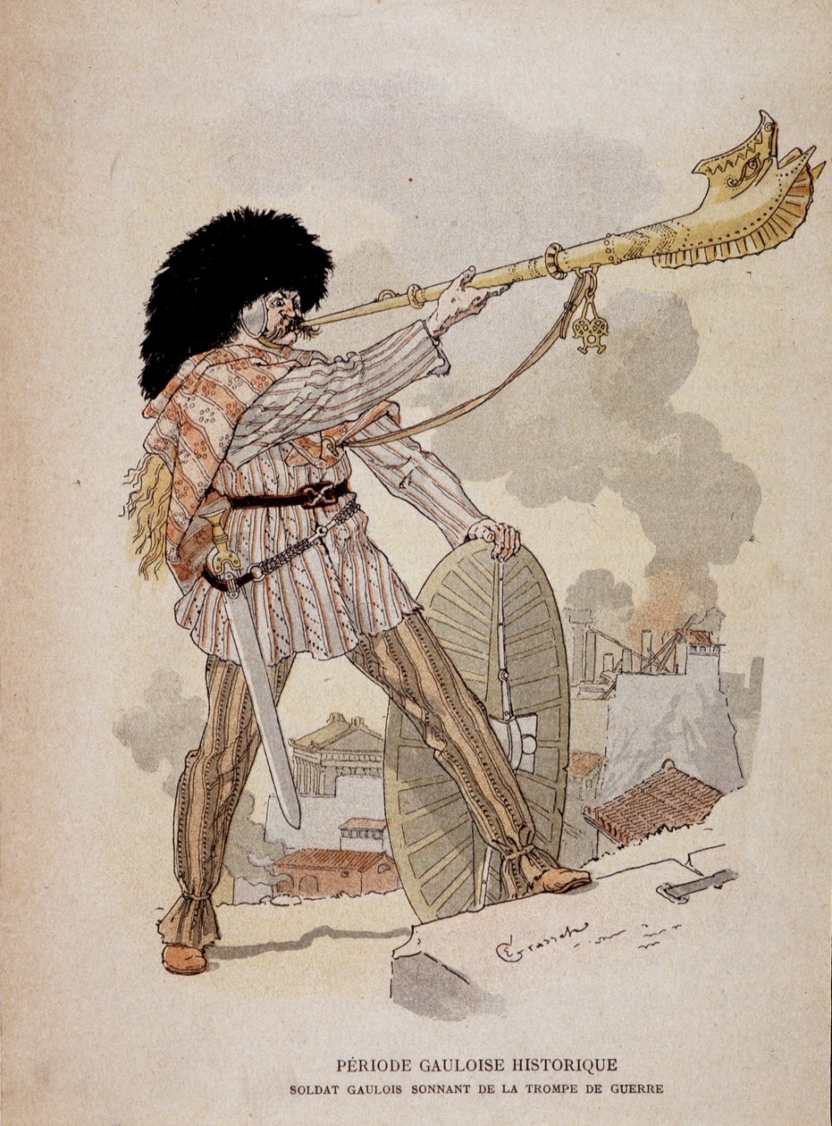 Żołnierz galijski dźwięczący z rogu wojny (karnyksa) – w „Ilustrowanych Kahierach Nauczania, Strojach Wojennych epoki brązu i epoce galijskiej”, wyd. Grasset autorstwa Eugene Grasset