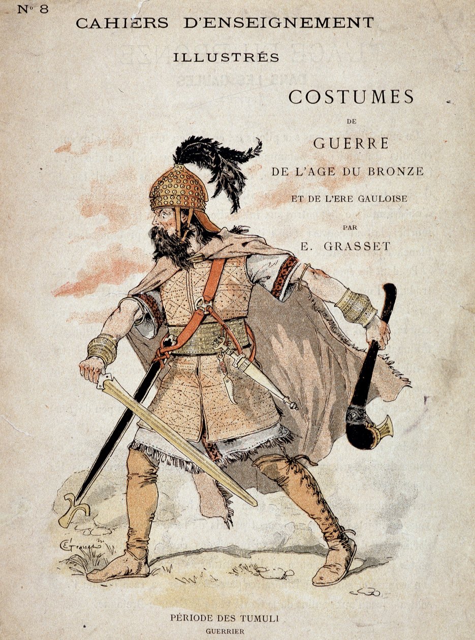 Wojownik galijski z okresu Tumuli – w „Ilustrowanych Kahierach Nauczania, Strojach Wojennych epoki brązu i epoce galijskiej””, wyd. Grasset. Ilustracja Eugeniusza Samuela Grasseta (1841-1917). autorstwa Eugene Grasset