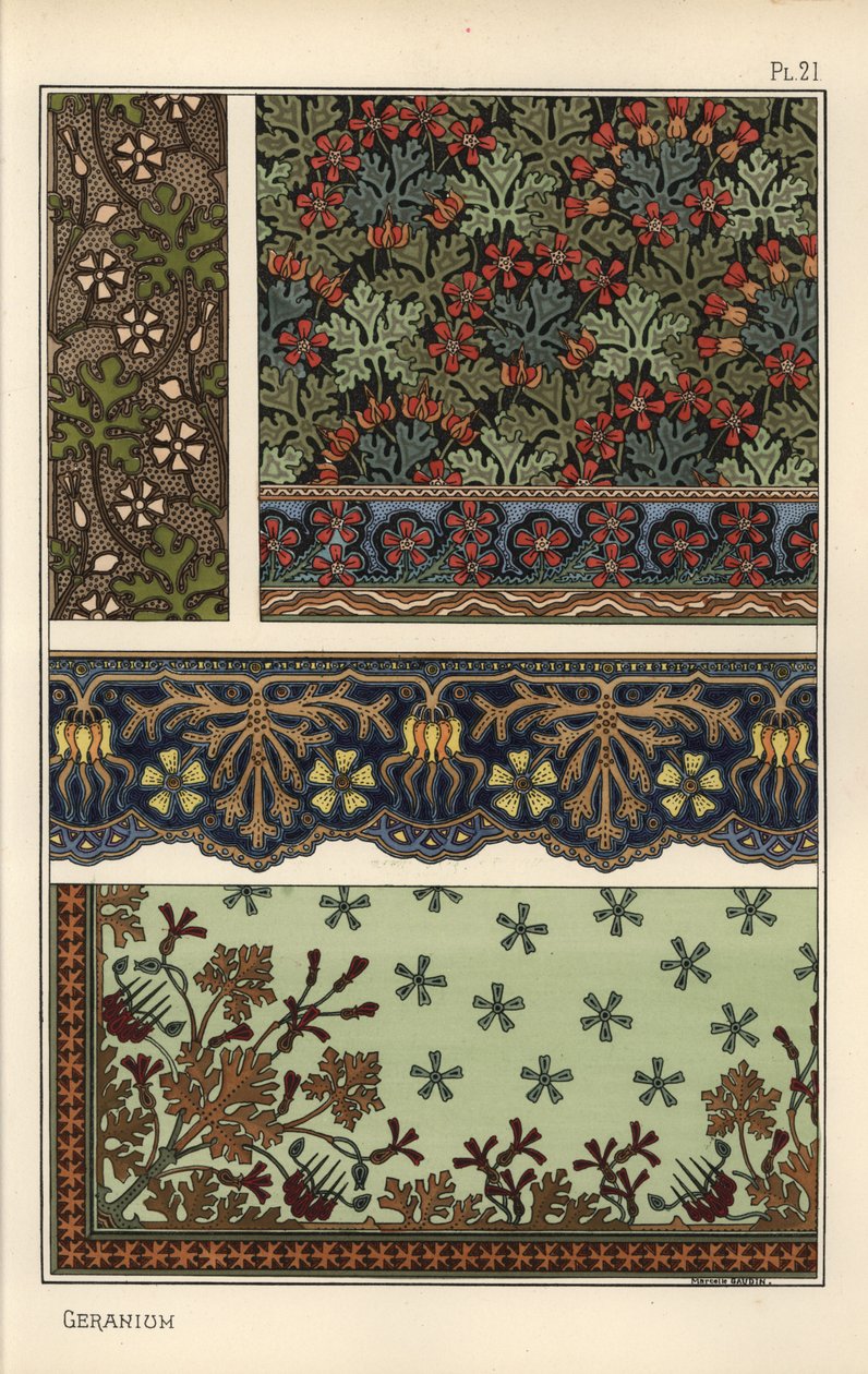 Motyw geranium we wzorach tapet, bordiur i tkanin autorstwa Eugene Grasset
