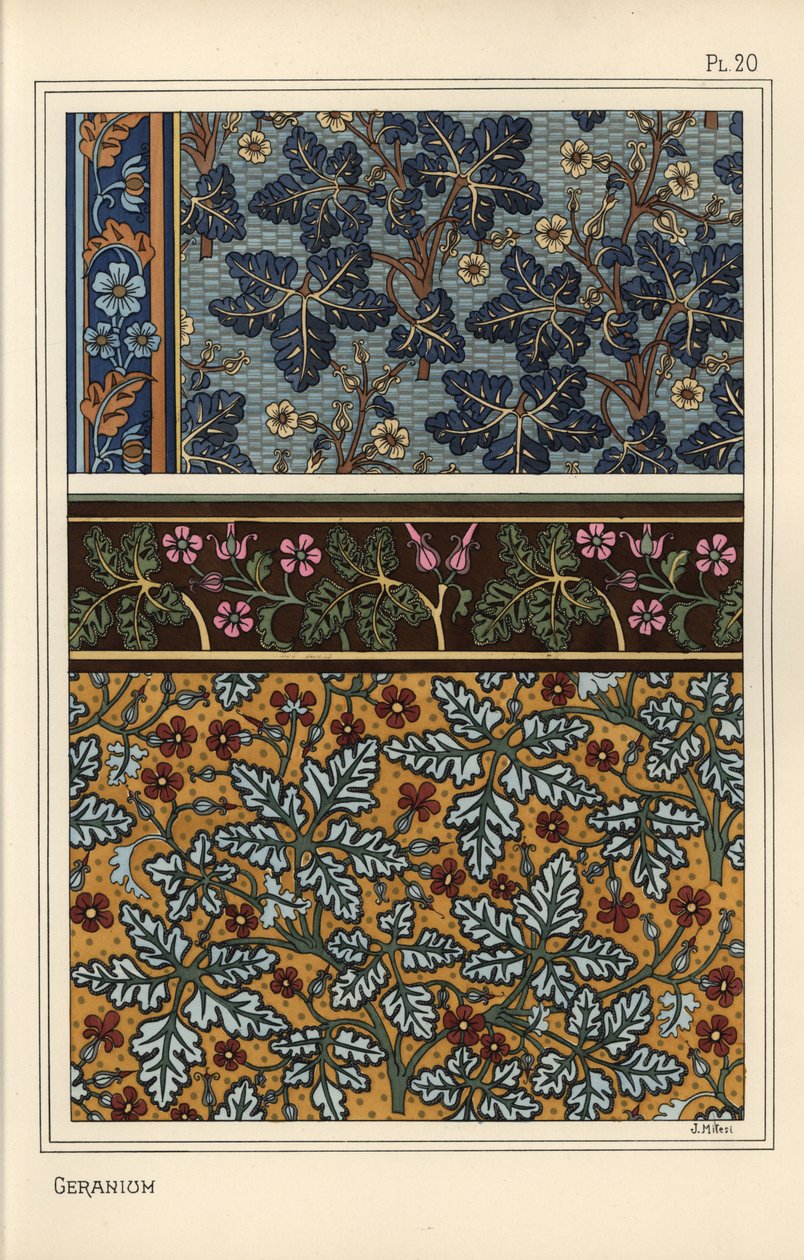 Motywy geranium we wzorach tapet i tkanin autorstwa Eugene Grasset