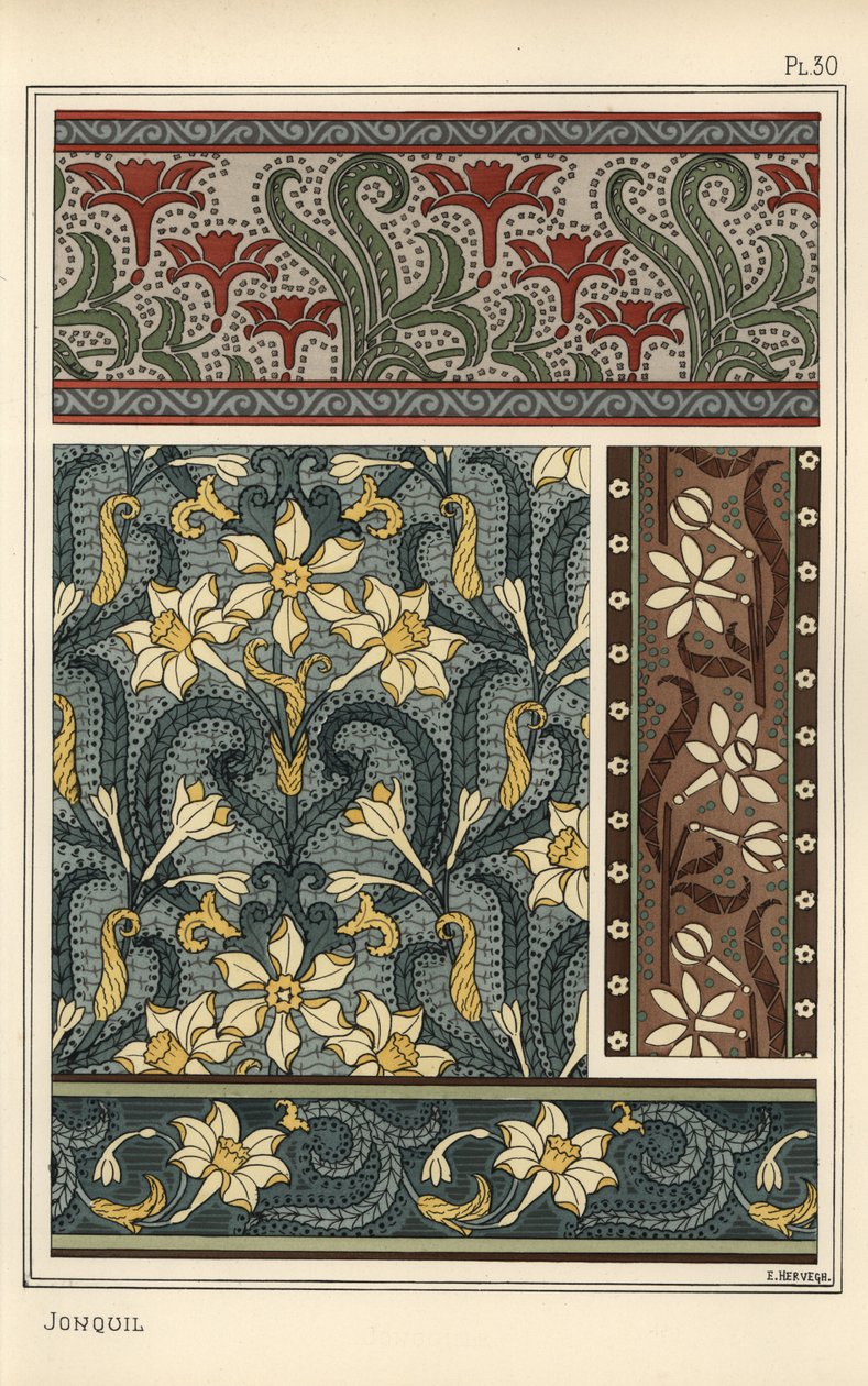 Jonquil, Narcissus jonquilla, jako motyw projektowy we wzorach tapet i tkanin autorstwa Eugene Grasset