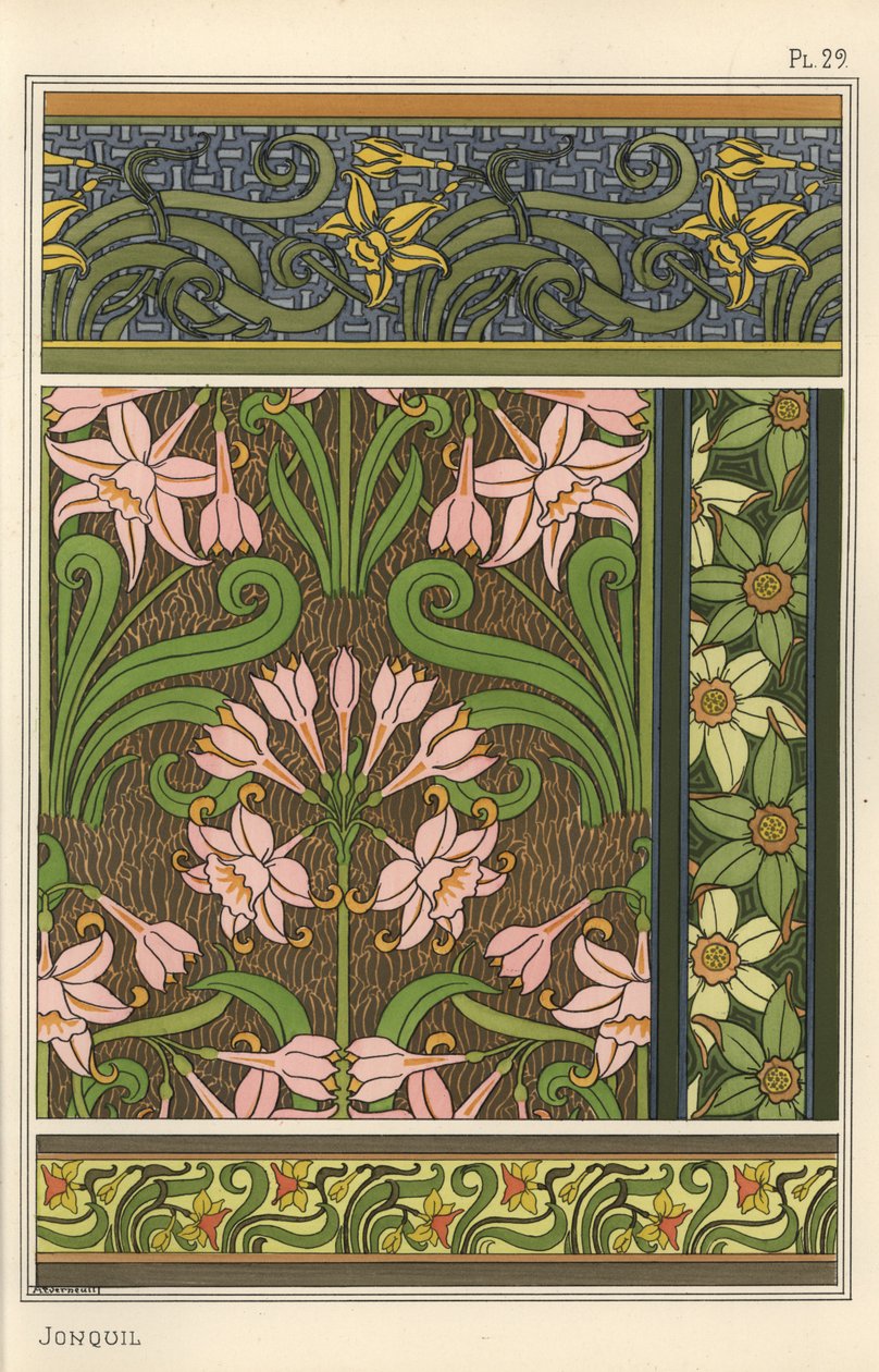 Jonquil, Narcissus jonquilla, jako motyw projektowy we wzorach tapet i tkanin autorstwa Eugene Grasset