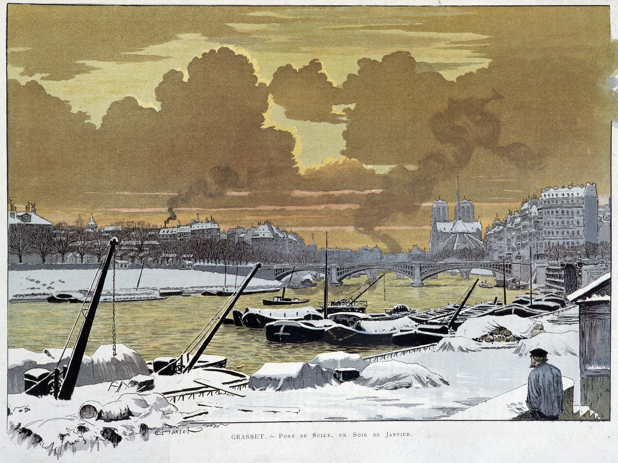 Le pont de Sully, w Paryżu pokryty śniegiem, pewnego styczniowego wieczoru 1886 - autorstwa Grasset autorstwa Eugene Grasset