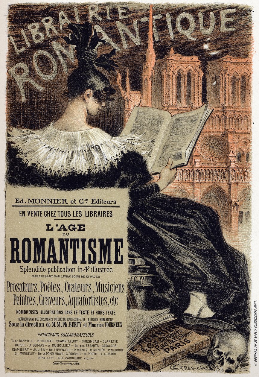 Literatura. Librairie romantique (księgarnia romantyczna.) Plakat Eugene Grasset dla wydawcy Monnier, Francja, ok. 1890 Coll. Część. (plakat) autorstwa Eugene Grasset