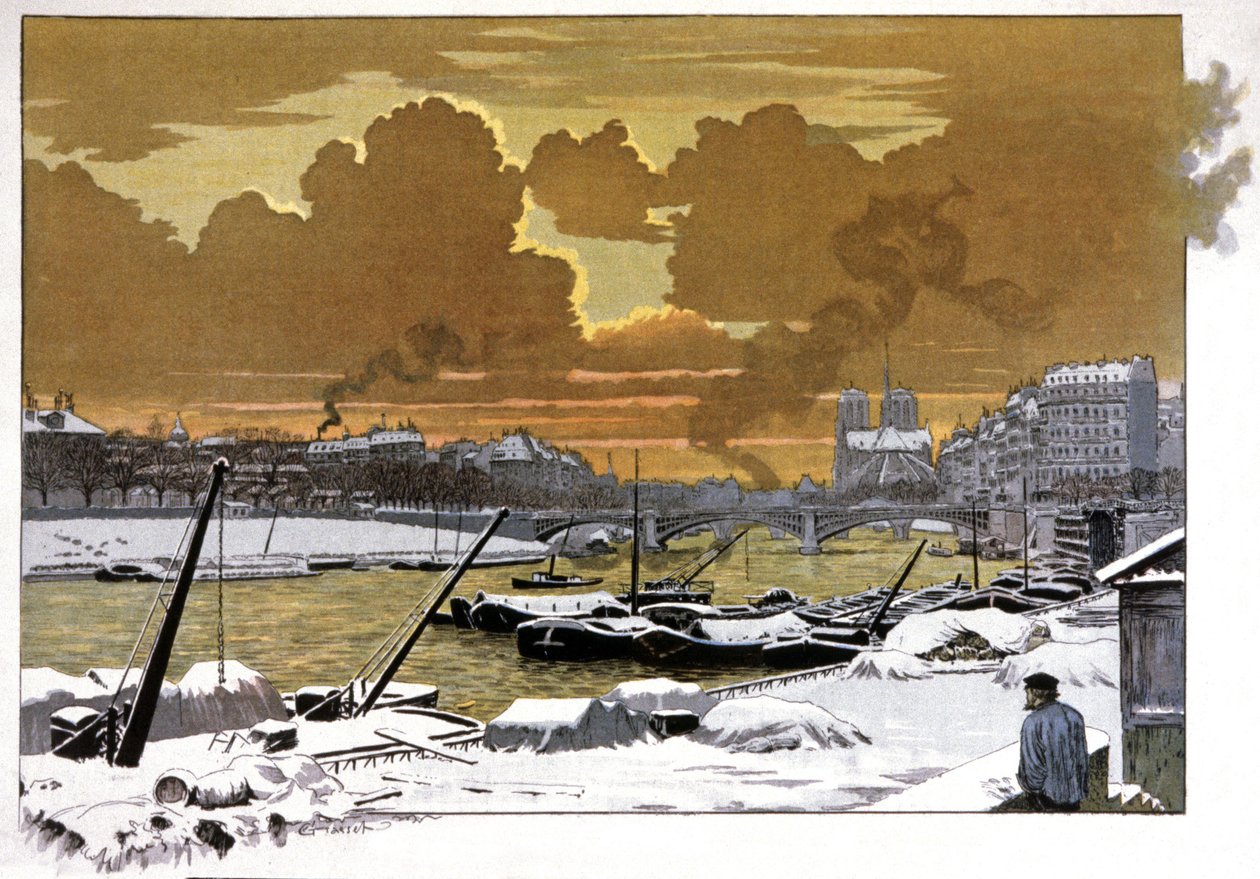 Paryż, barki pod śniegiem przy Pont de Sully, ok. 1905 r autorstwa Eugene Grasset