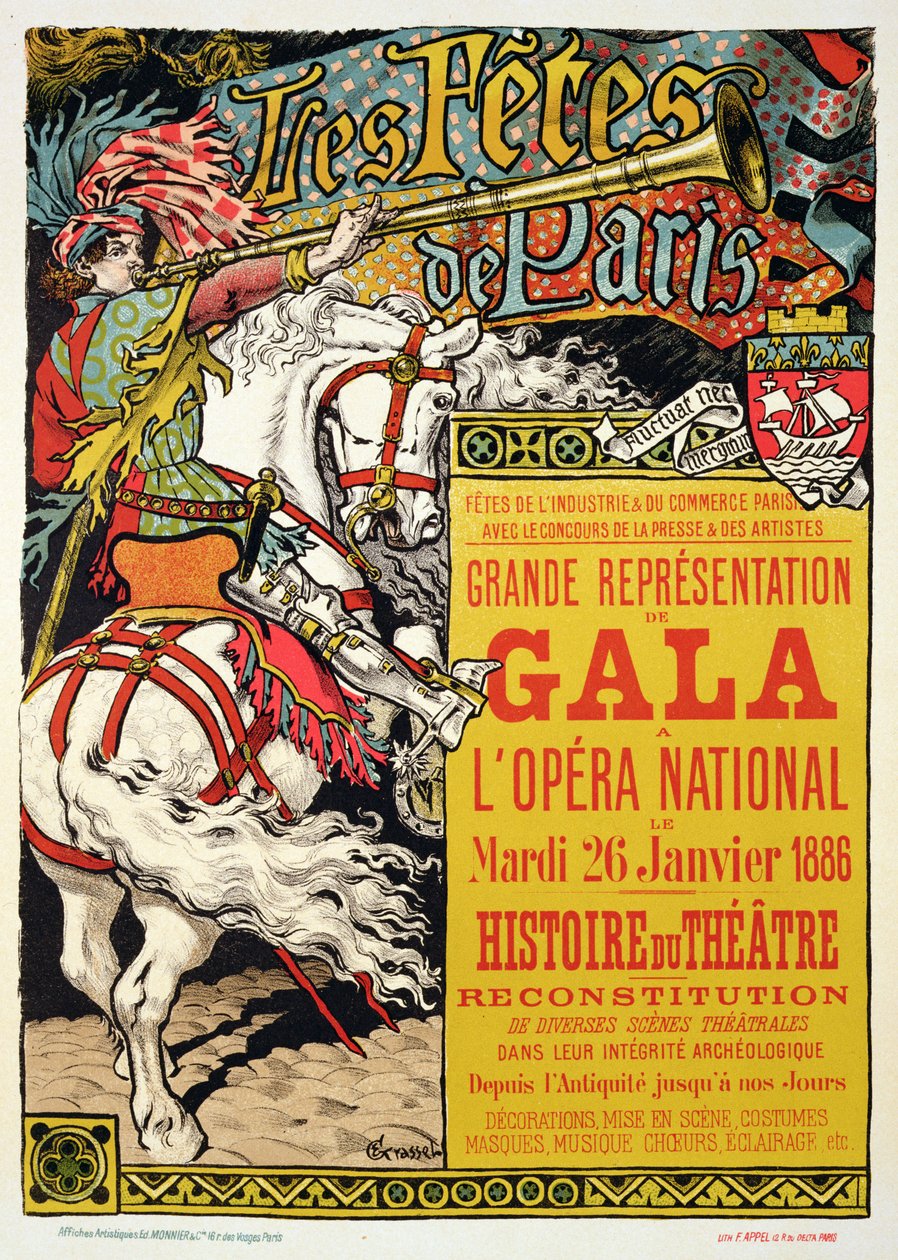 Reprodukcja plakatu reklamującego „Fetes de Paris”, Opera National, Paryż, 1885 autorstwa Eugene Grasset