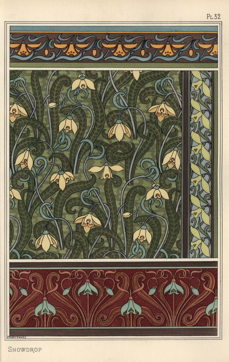 Przebiśnieg, Galanthus nivalis jako motyw w tapecie, bordiurach i tkaninach autorstwa Eugene Grasset