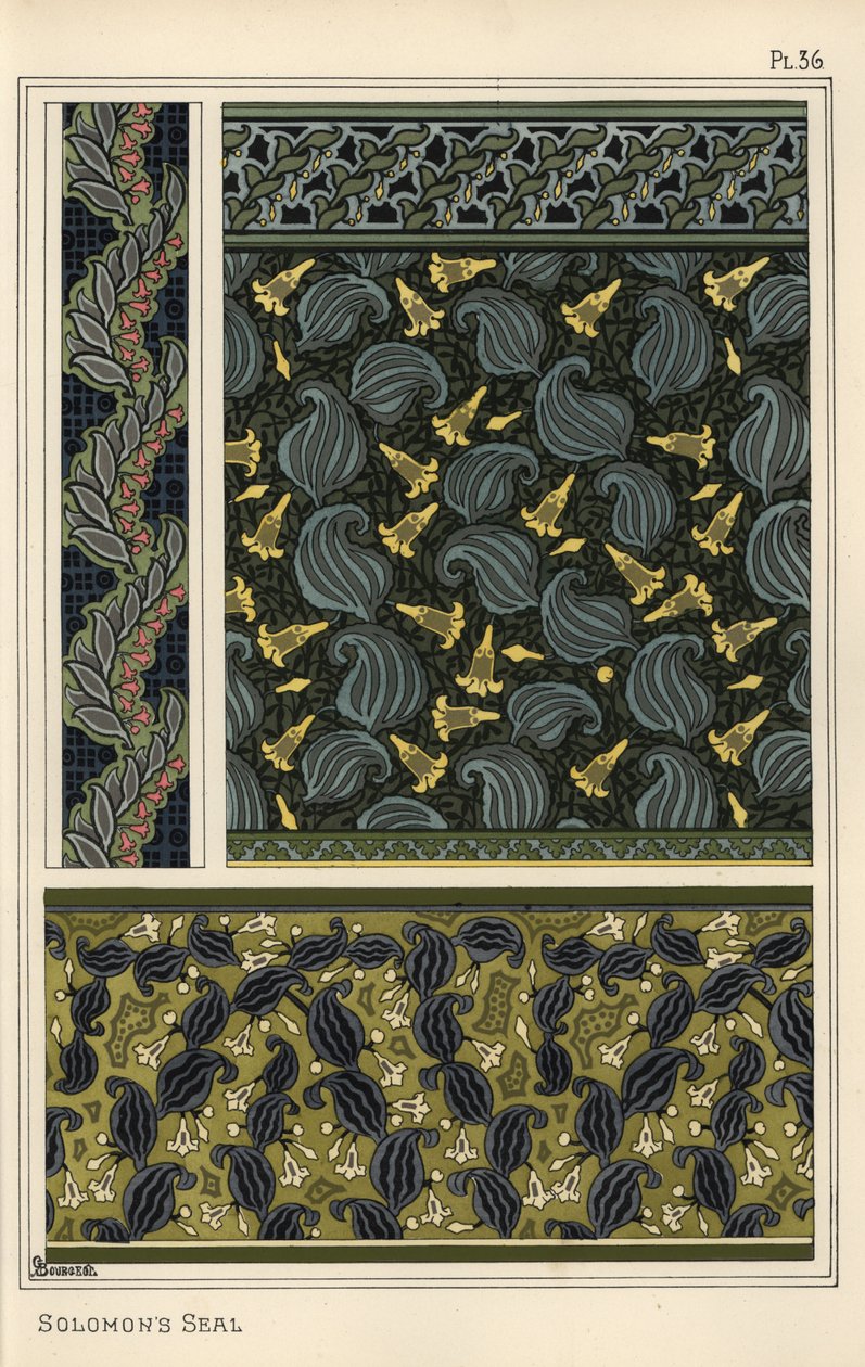 Pieczęć Salomona, Polygonatum multiflorum, jako motyw w tapecie, bordiurze i tkaninie autorstwa Eugene Grasset