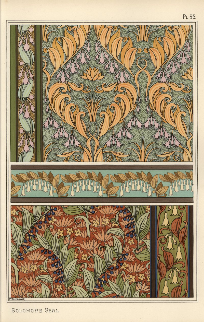 Pieczęć Salomona, Polygonatum multiflorum, jako motyw w tapecie, bordiurze i tkaninie autorstwa Eugene Grasset