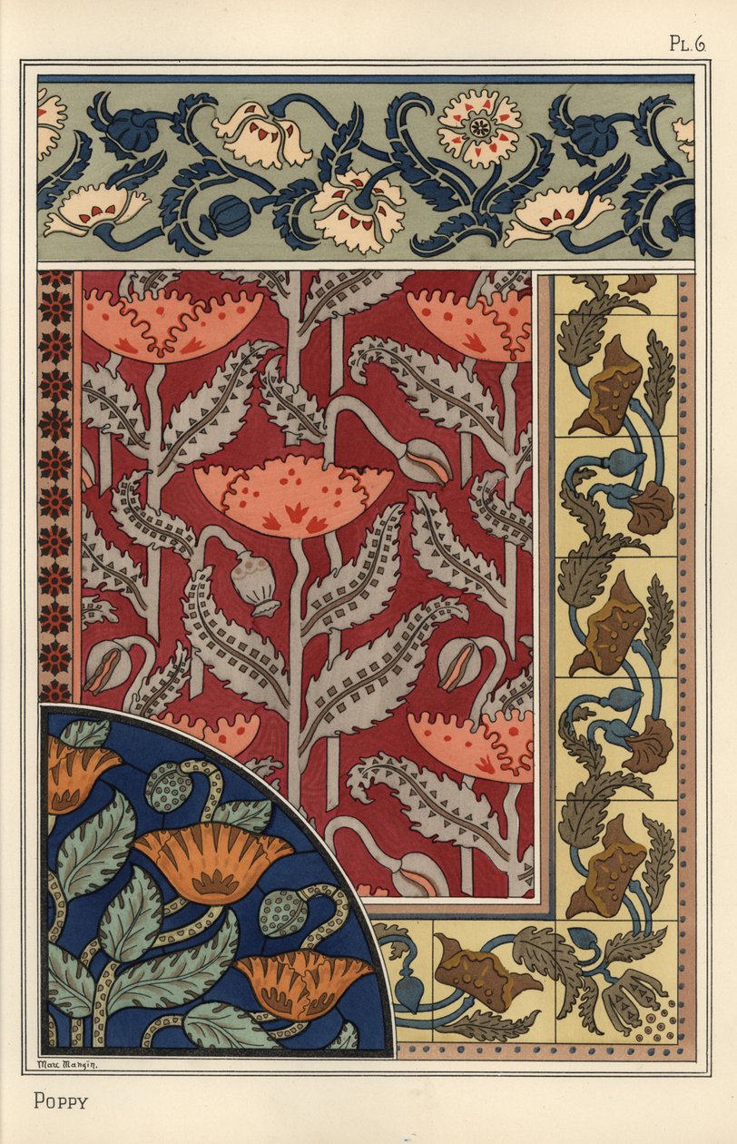 Mak, Papaver somniferum, we wzorach witraży, tapet, tkanin i płytek. Litografia Marca Mangin autorstwa Eugene Grasset