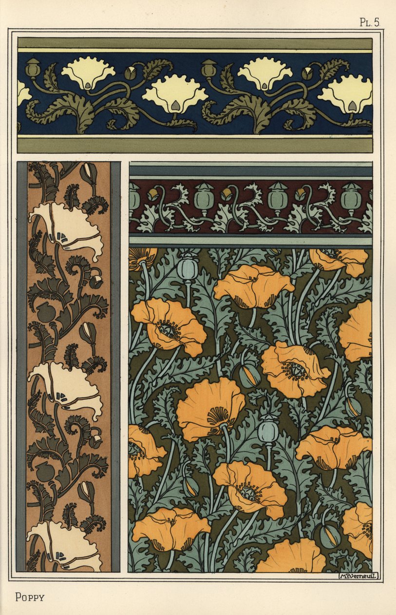 Mak, Papaver somniferum, we wzorach tapet i tkanin. Litografia Verneuila autorstwa Eugene Grasset