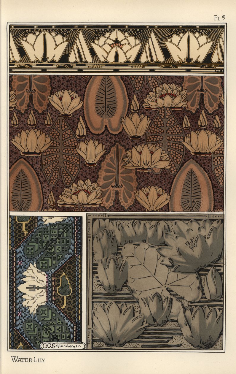 Lilia wodna, Nelumbo lutea, w tkaninie, haftach krzyżykowych i wzorach reliefowych. Litografia autorstwa CG Schlumbergera autorstwa Eugene Grasset